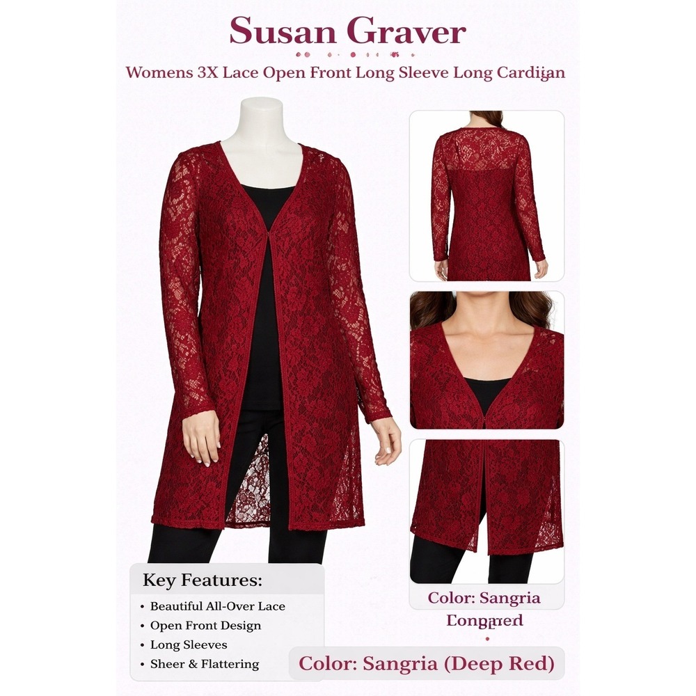 Susan Graver Womens 3X Lace Open Front Long Sleeve Long Cardigan Sangria A270303